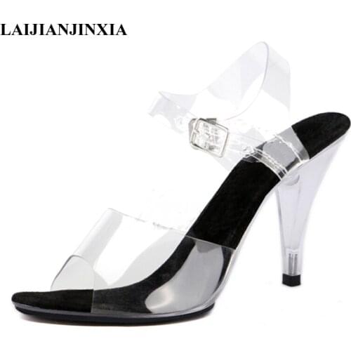 LAIJIANJINXIA New Sexy Women Shoes High Heels 10 cm Summer Woman Transparent Crystal Platform Sandals Plus Size Wedding Shoes