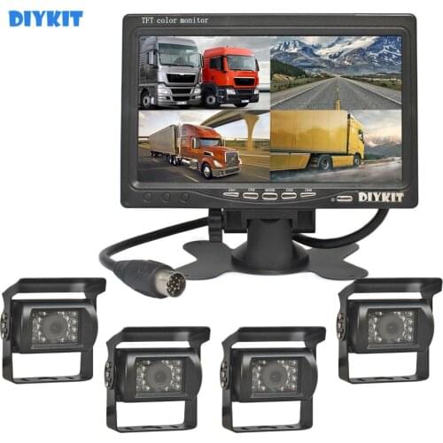 DIYKIT 800 x 480 7" 4 Split QUAD Rear View Monitor Car Monitor + 4 x CCD IR Night Vision Rear View LED Camera for Truck Bus 1V4