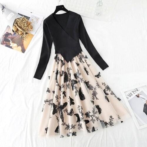Autumn Winter Elegant Knitted Patchwork Women Dress Elegant Long Sleeve Mesh butterfly embroidery Irregular Sweater Dress
