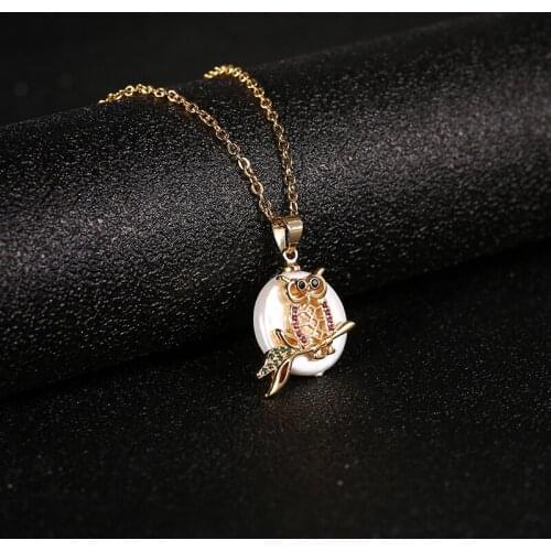 Cute Gold Stainless Steel Shell Colored Zircon Owl Pendant Necklace For Women Charm Beautiful Girl Necklace jewelry