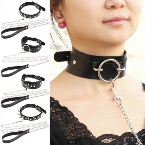 Punk Gothic Sexy metal Rivet Alternative slave PU Leather Collar Traction Rope,BDSM Bondage Necklace Neckband,Sex Toys