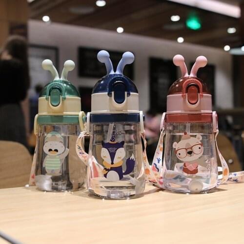 350ml Cartoon Straw Water Cup With Scale Bouncing Cover Plastic Cup Elementary Children Kids Baby Fall Resistant Water Bottle