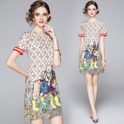 Fashionable womens summer retro cartoon printed loose waist was thin temperament short-sleeved dress