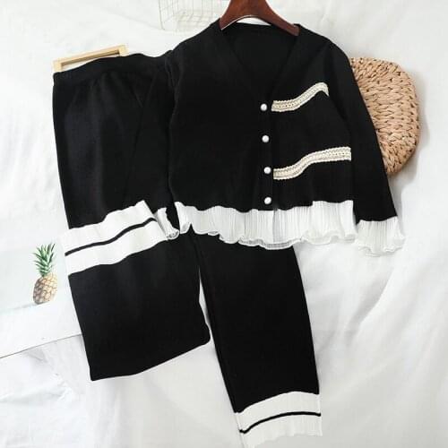 Casual two-piece Set Sweet Ruffles Patchwork sweater cardigan And Wide Leg Pants Suit 2021 Autumn Womens Knitted Suit Fashion