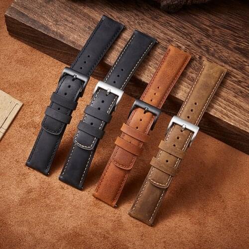 Vintage Crazy Horse Genuine Leather Watchband Men Military Watch Straps 20mm 22mm Quick Release Strap for Samsung Galaxy