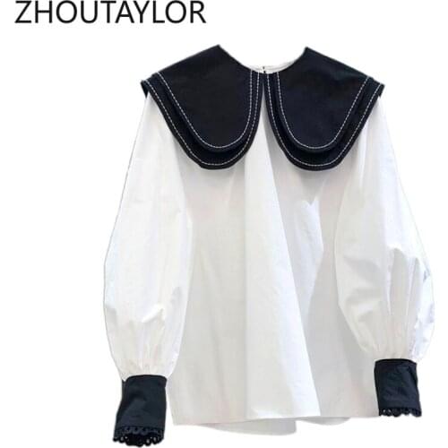 ZHOUTAYLOR Women Shirts Fashion Korean Peter Pan Collar Office Lady Full Sleeve Blouse Femme Straight Autumn New Tops Female