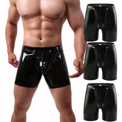 3PCS/Lot Sexy Mens Underwear Boxers Front Pouch Open PU Leather Lingerie U Convex Pouch Boxer Shorts Black PVC Wetlook Underwear