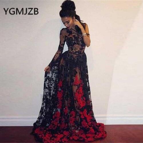Sexy Transparent Black Prom Dresses 2019 A-Line Long Sleeve One Shoulder Red Applique Lace Evening Gown Women Formal Party Dress