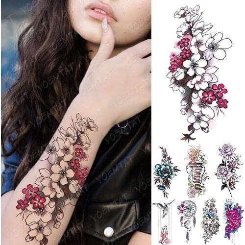 Waterproof Temporary Tattoo Sticker Sakura Plum Flowers Tattoos Line Minimalism Body Art Arm Fake Sleeve Tatoo Women Men