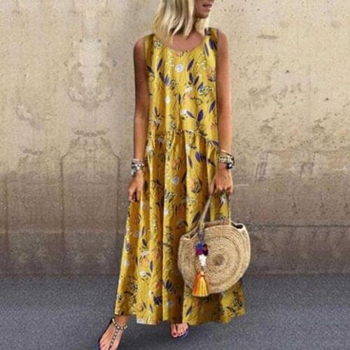 Women Loose Sundress Oversized S-5XL Female Sleeveless Floral Printed Large Long Maxi Beachwear Dress Plus Size WDC7755