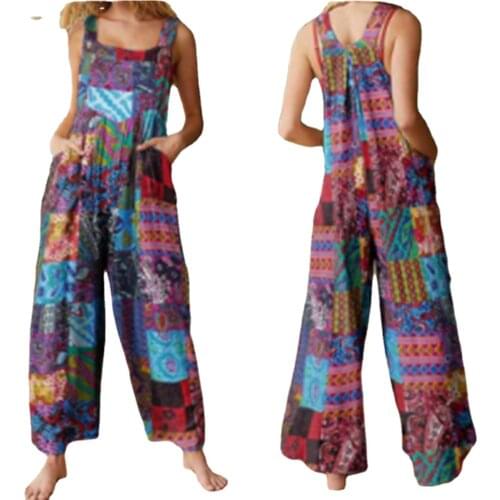 2021 Female New Fashion Temperament stitching sleeveless loose Large size overalls flower print side bib pocket Retro jumpsuits