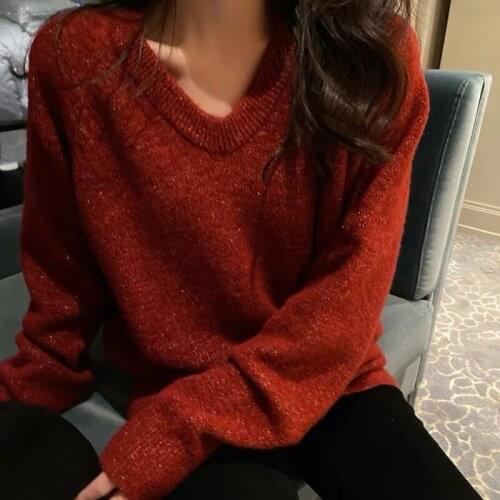 New V-neck Cherry Red Sweater Womens Pullover Loose Western Style Retro Wine Red Coat