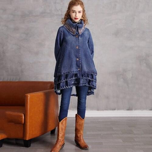SeeBeautiful Irregular Loose Embroidery Thic Denim Coat Lapel Long Sleeve Pleated Button New Fashion Spring 2021 Women M406