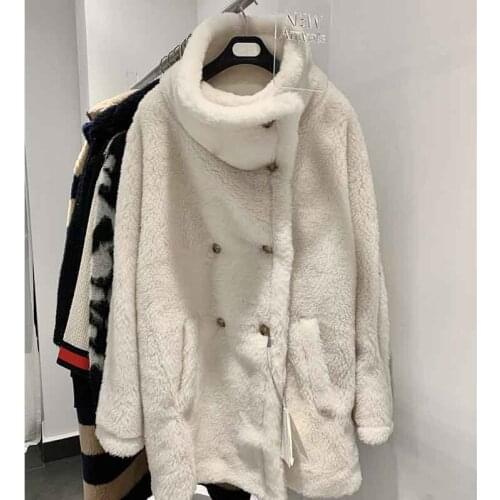 Women 2021 Winter Coat Teddy Bear Stand Collar Pure White Double Breasted Alpaca Wool Fur Above Knee Jacket Outwear
