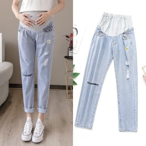 0155# Maternity Pants Spring Autumn High Waist Maternity Jeans Belly Support Pants Elastic Waist Maternity Trousers