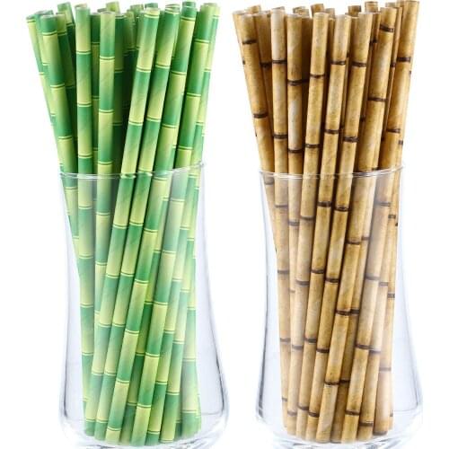 1200 x Yellow & Green Biodegradable Bamboo Print Paper Drinking Straws for Juices Shakes Birthday Wedding Party Supplies