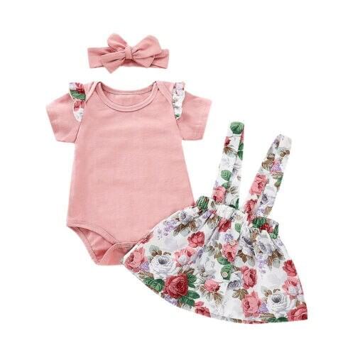 Toddler Baby Girl Summer Pink Tops Romper Floral Skirt 3PCS Outfits Set Clothes