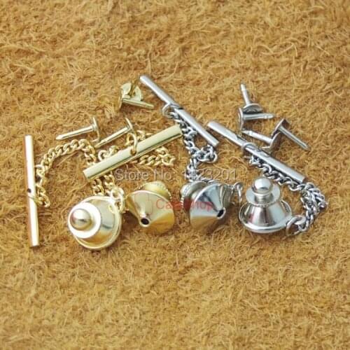 50 pcs / Lot Copper Locking Tie Tac Tack Pin Vintage Guard Clutch Backs Chain Nickel Gold choice F104