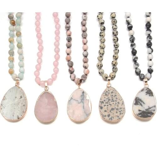 Natural Semi Precious Stone Necklace Bead chain 6mm 90cm Irregular Pendant 25x40mm For Woman