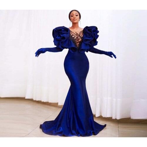 Elegant Navy Blue Satin Beaded Mermaid Evening Dresses Sexy V Neck Appliques Prom Party Gowns With Puffy Ruffles Evening Gowns