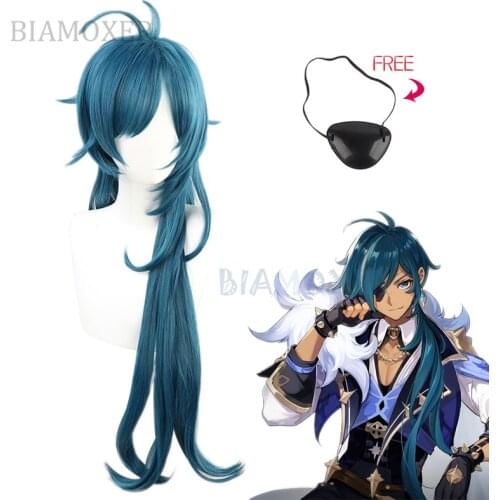 Genshin Impact Kaeya Green Blue Wavy Long Cosplay Heat Resistant Synthetic Hair Halloween Carnival Party + Wig Cap + Blindfold
