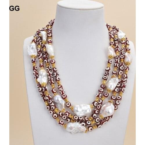 GuaiGuai Jewelry 19" 4 Strands 10mm Round Red Agates Natural White Keshi Baroque Pearl Necklace For Women