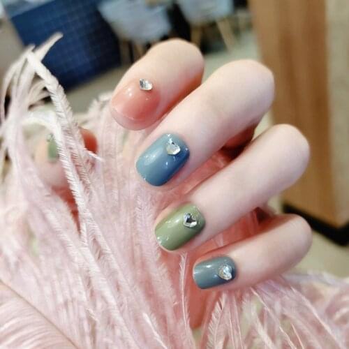 24Pcs/Set Fake Nails Colorful 3D Love Rhinestones Square Design French Artificial Fake Nails DIY Full Cover Tips Manicure Tool