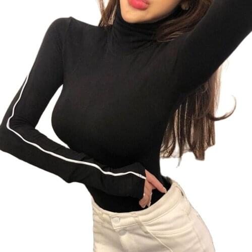 Korea Fashion Long Sleeve Top Woman Tshirts Sexy 2020 Gothic Black Lines Plus Size Tees Turtleneck Y2k Clothing Harajuku Shirt
