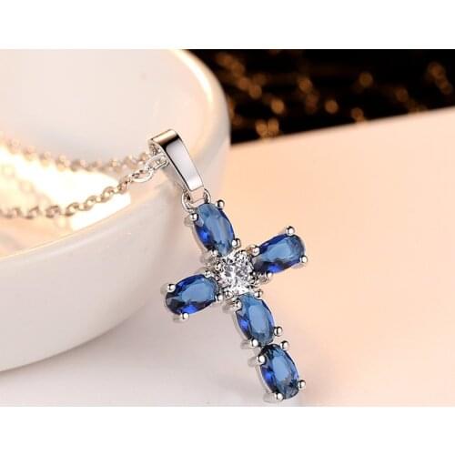 Fashion Oval Blue Zircon Cross Pendant Exquisite Womens Necklace Day Wear Anniversary Christmas Gift Womens Jewelry
