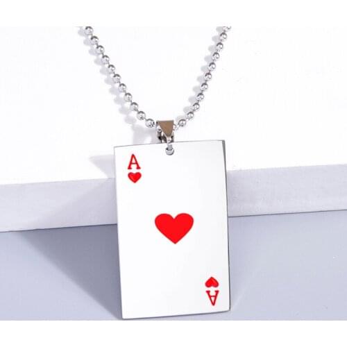 Hip Hop Stainless Steel Poker Men Necklace Silver Color Playing Card Ace Of Hearts Pendant Metal Beads Chain Necklaces