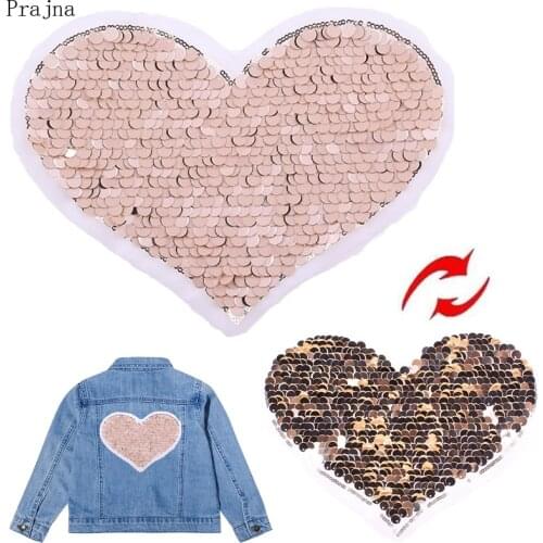 Prajna New Heart Love Patch Reversible Glitter Sequin Patches Sew On Embroidered Patches For Clothes Stripes DIY Stickers Badge