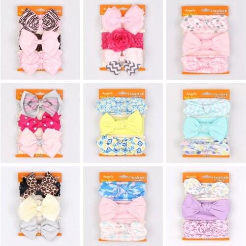 New 3pcs/lot Printed Chiffon Flower Ribbon Bows Baby Girls Headbands Elastic Kids Children Knot Headwraps Hair Accessories Sets