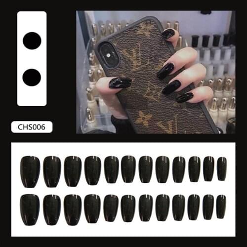 Dropship Women Fake Nails Black Gelnails Medium-Long Size Acrylic Nail Tips Finished Products Wearing Fake Nails