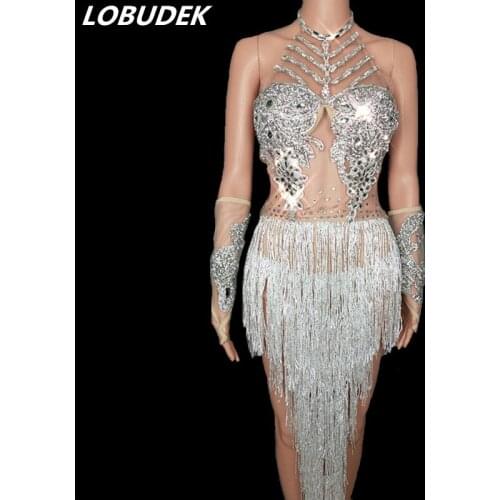 Silver Rhinestones Long Tassels See Through Bodysuit Nightclub Women Sexy Backless Outfit Bar DJ Singer Dancer Team Show Costume