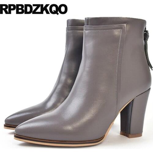 Gray Booties Trend Chunky Fall Shoes High Heel Block Autumn Pointed Toe Fur Women Boots Winter 2021 Brand Grey Genuine Leather