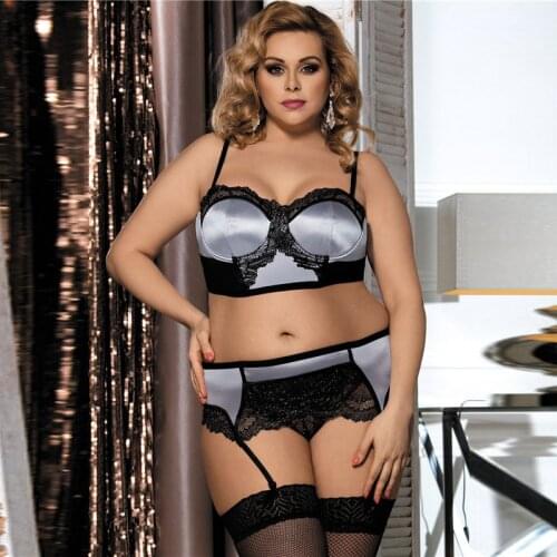 Mesh Sexy Womens Underwear Set See Through Underwire Nightwear Open Back Panties Lingerie 5XL Patchwork Lace Garter Set RS80093
