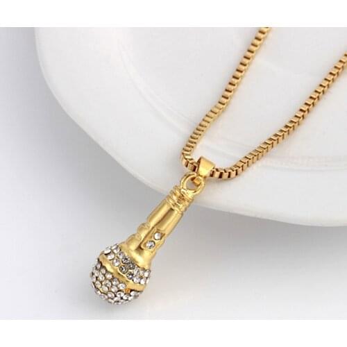 Hip Hop Microphone Necklace Gold Long Sweater Chain Punk Fashion Men Pendant Necklace Unisex Crystal Charms Jewelry Party Gifts