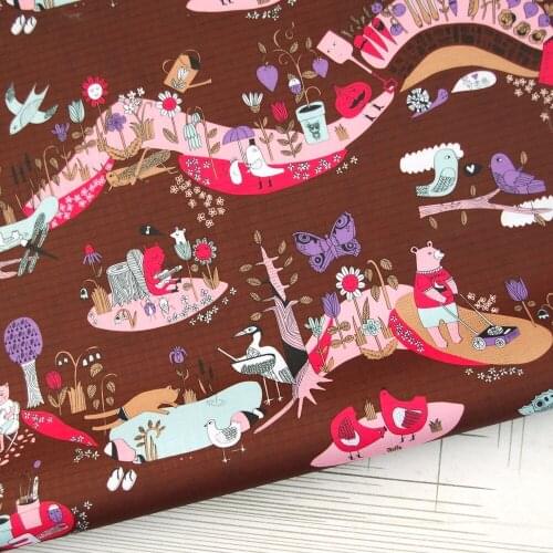 PVC coated waterproof fabric - Bear,Bird,Tree and flower on Chocolatee background (WF329)