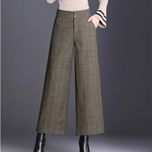 Fall Winter Office Lady Womens Plaid Black High Waisted Wide Leg Loose Ankle Length Woolen Pants , 4xl Wool Trousers For Woman