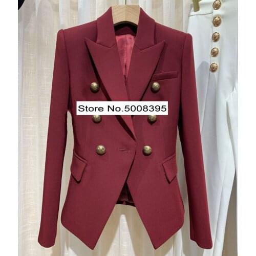 Woman Burgundy Blazer Gold Buttons Double Breasted Long Sleeves Buttoned Cuffs High Quality 2020
