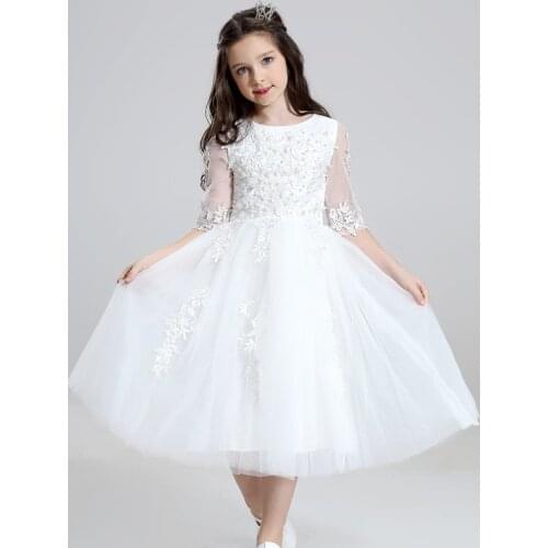 Vestidos de daminha White Tulle Lace Beaded Ball Gown Half Sleeve Flower Girl Dresses For Weddings 2017 First Communion Dresses