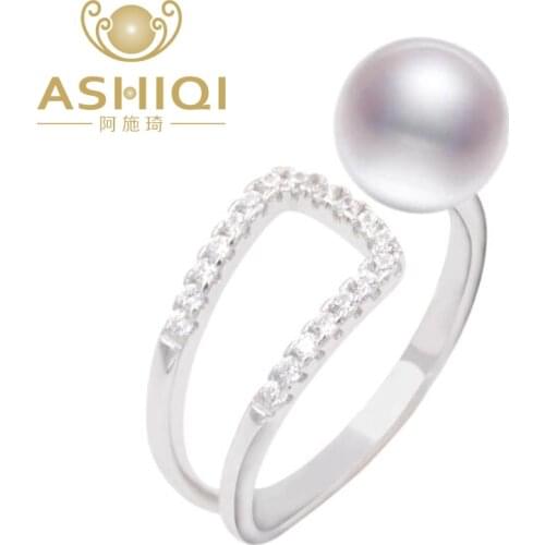 ASHIQI Natural pearl ring 925 Sterling Silver jewelry 7-8mm freshwater pearl For women white pink purple black