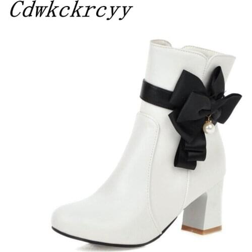 Winter New pattern fashion Round head High-heeled Martin Short boots Cashmere Keep warm Pink Sweet Bow Coarse heel Women Boots