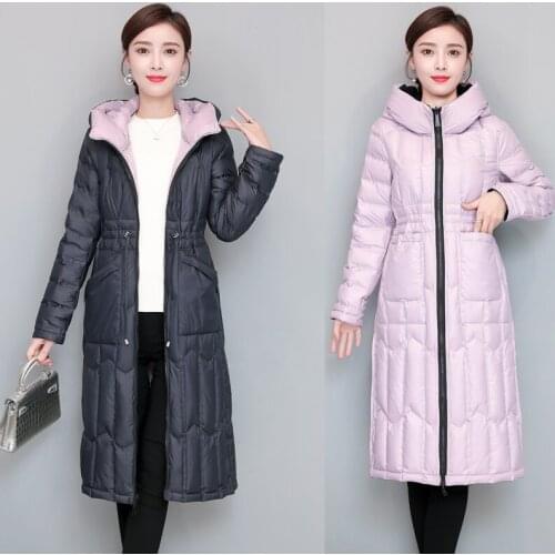 Winter Women Long White Duck Down Jacket With Hood Female Ultra Light Slim Thin Reversilble Coat Windproof Good Quanlity