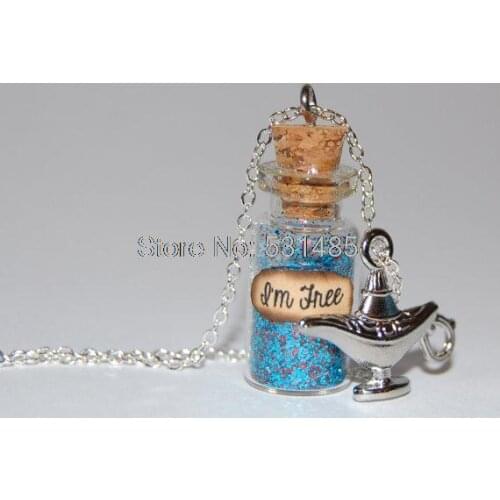 12pcs/lot Aladdin Handmade Glass Bottle Necklace - The Genie I'm free message silver necklace