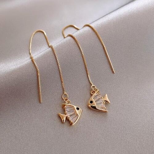 2020 Korean new design fashion jewellery high-end exquisite copper inlaid zircon fish ear line female elegant dangle earrings