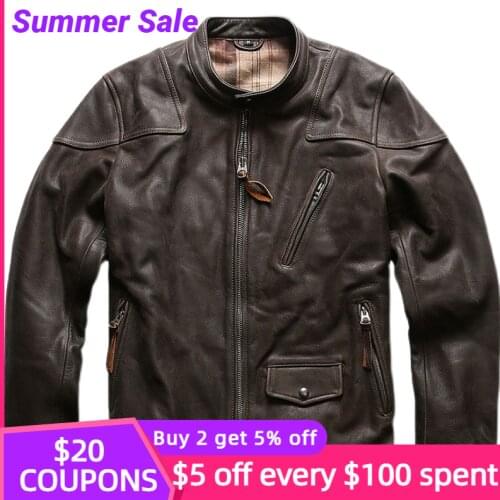 2021 Vintage Brown Motorcycle Style Genuine Leather Jacket Men Plus Size 3XL Real Natural Soft Cowhide Autumn Slim Biker Coat