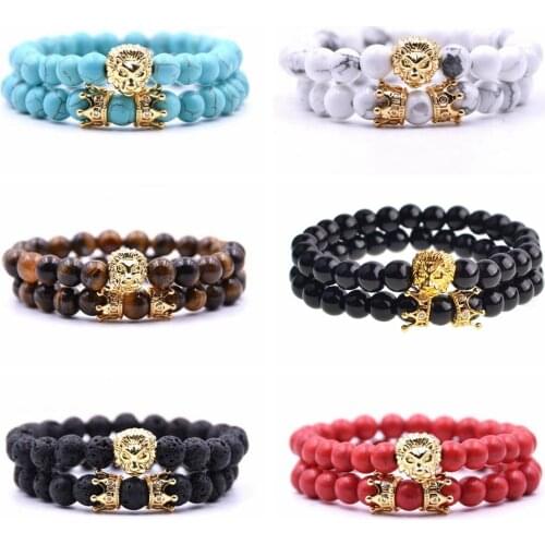5PCS/lOT Qimoshi 2PCS Natural Lion head Crown Stone 8MM Stretch Charka Charms Bracelet Bangles for Women Men Love