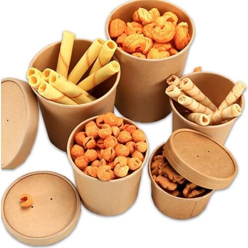 50pcs/pack Large Capacity Disposable Kraft Paper Bowl With Paper Lid Eco Takeaway Food Fruit Package Paper Cup Thick Paper Box