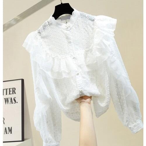 White Blouse Women Sweet Chiffon Lace Frilled Transparent Stand Collar Shirt Womens Single Breasted Elegant Tops Ladies Top